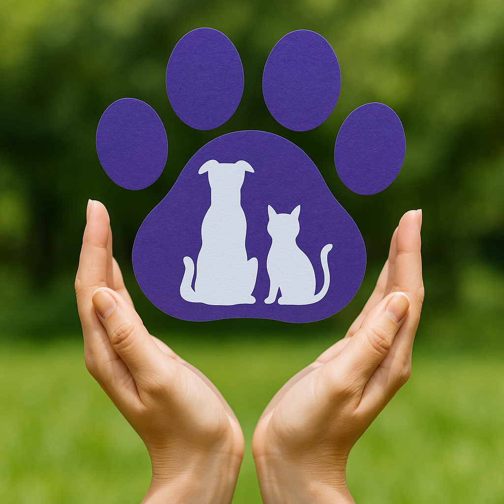 Hands holding a paw cutout with dog and cat silhouette